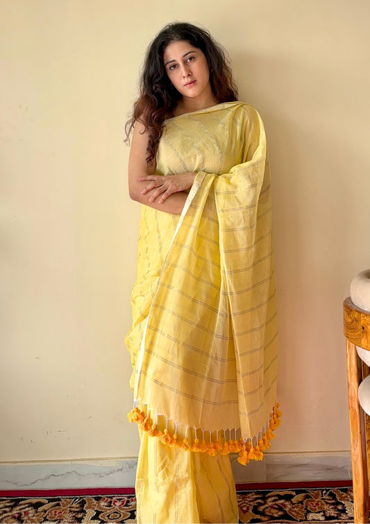 Harini Yellow Mulmul Cotton Gold Zari Striped Saree with Tassels - Qatha 