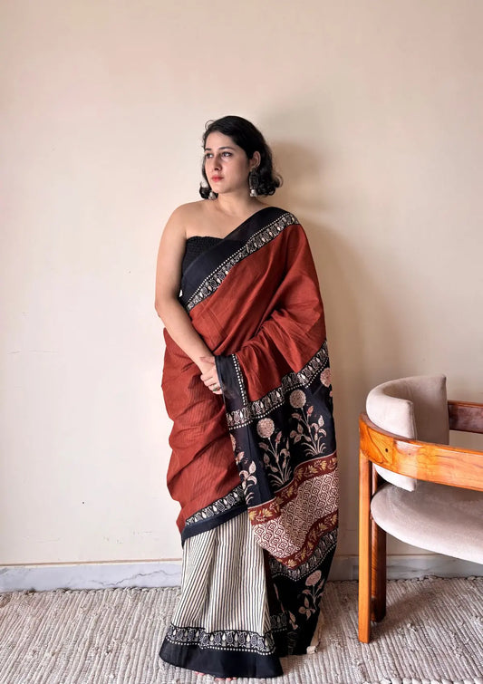 Leela Cotton Bagru Handblock Printed Saree | Red Black