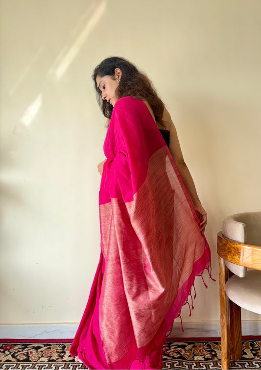Gulal Pink Pure Cotton Handloom Saree with Silver Border and Tassels - Qatha 