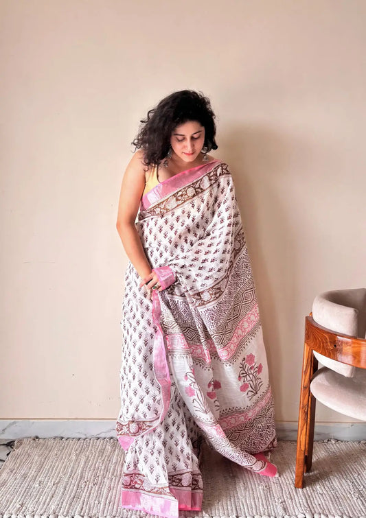 Bela Linen Cotton Bagru Handblock Printed Saree | White Pink