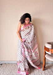 Bela Linen Cotton Bagru Handblock Printed Saree | White Pink