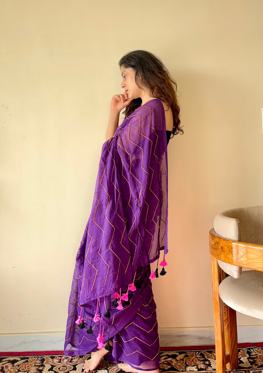 Indrani Deep Purple Cotton Mulmul Saree with Gold Stripes and Tassels - Qatha 