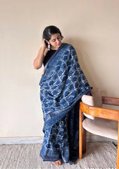 Varuni Indigo Linen Cotton Bagru Handblock Printed Saree | Blue