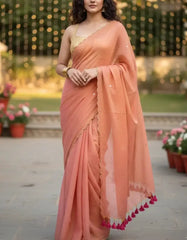 Tara Blush Pink Soft Mulmul Cotton Sequin Saree with Scalloped Border