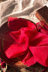Aria  Red Soft Mulmul Cotton Saree with Gold Stripes and Scalloped Border - Qatha 