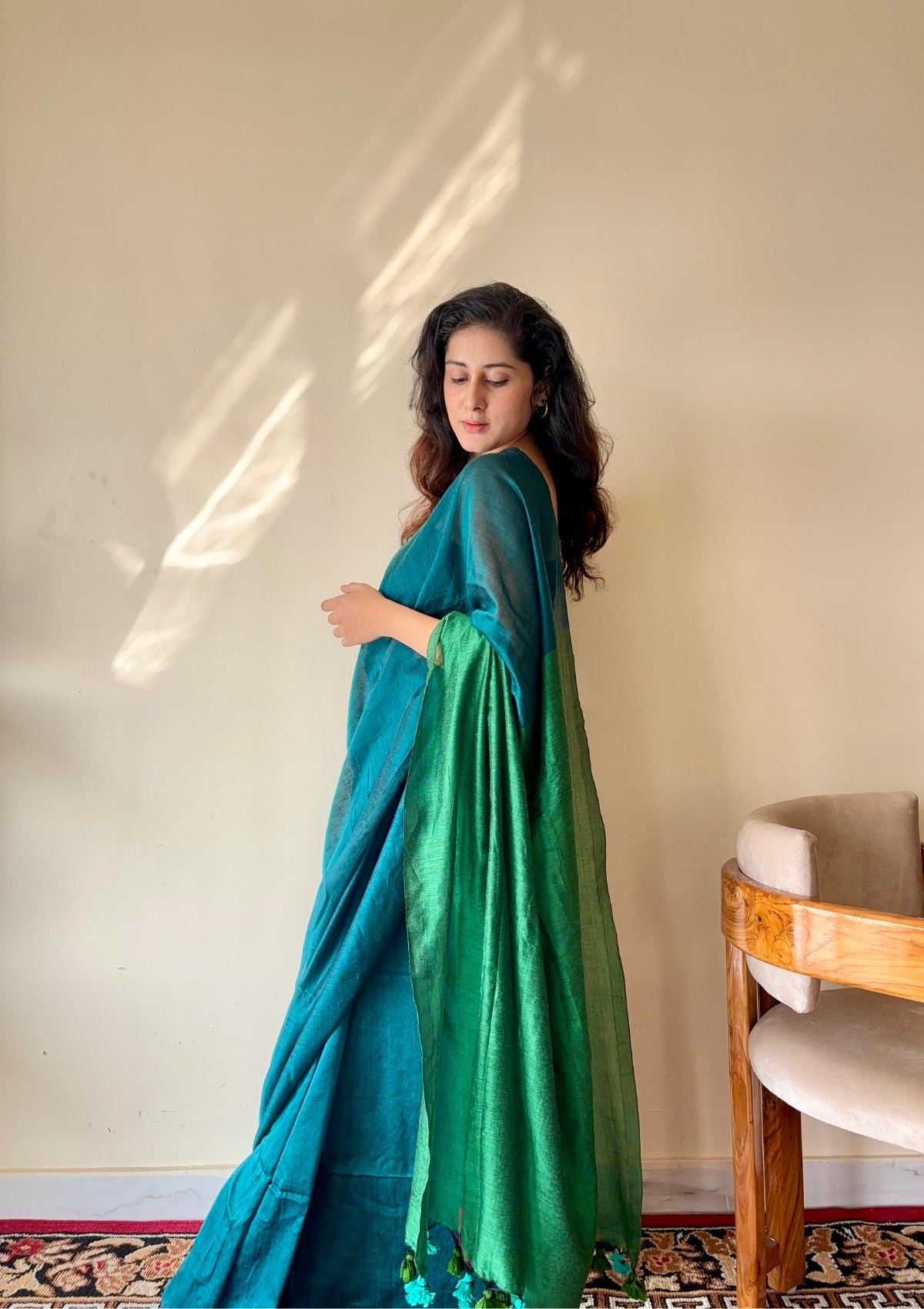 Mrinalini Peacock Blue and Green Soft Cotton Mulmul Saree with Tassels - Qatha 