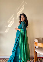 Mrinalini Peacock Blue and Green Soft Cotton Mulmul Saree with Tassels - Qatha 