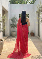 Aria  Red Soft Mulmul Cotton Saree with Gold Stripes and Scalloped Border