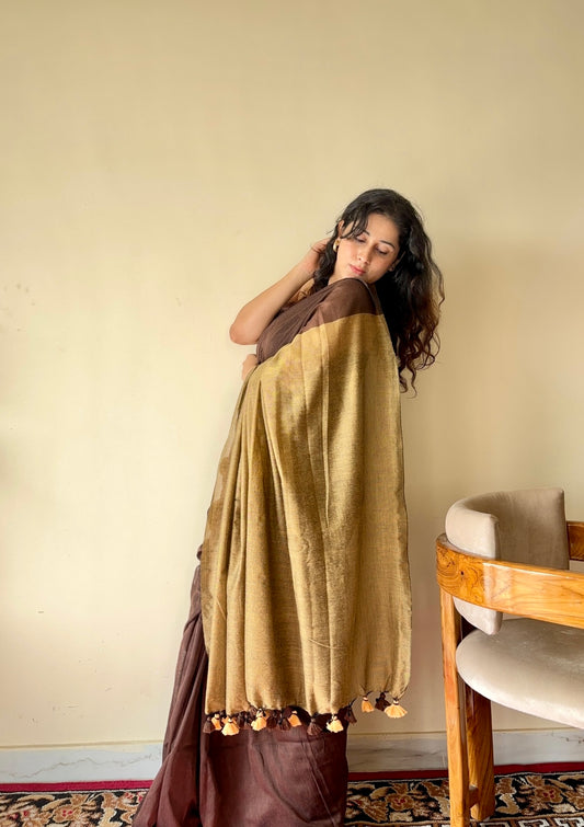 Yogini Brown and Beige Pure Cotton Saree with Tassels - Qatha 