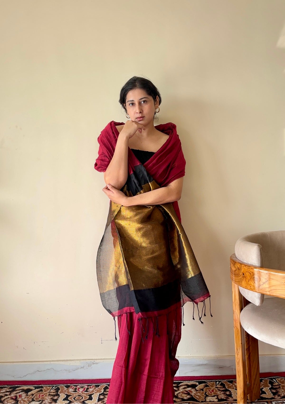 Tarini  Maroon and Black Pure Cotton Saree with Color Block Gold Tissue Border - Qatha 