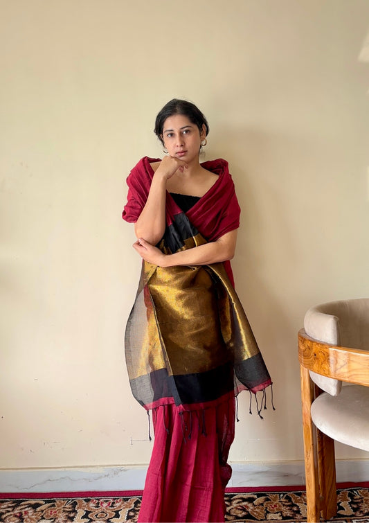 Tarini  Maroon and Black Pure Cotton Saree with Color Block Gold Tissue Border - Qatha 
