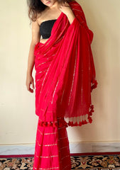 Rooh Red Soft Mulmul Cotton Gold Sequin Stripe Saree - Qatha 