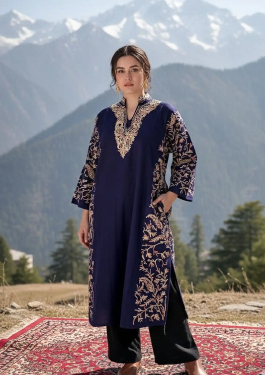 Mehru | Deep Purple Woollen Kashmiri Phiran with Floral Aari Embroidery