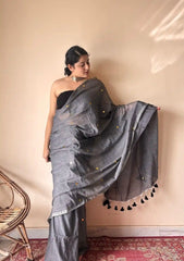 Vrishti | Charcoal Grey Handloom Cotton Saree with Sequin Details