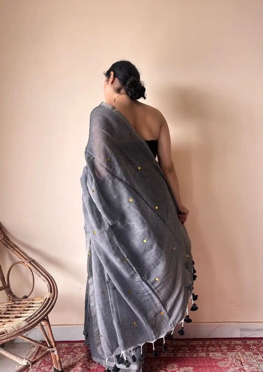 Vrishti | Charcoal Grey Handloom Cotton Saree with Sequin Details