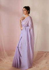 Lavanya Light Purple Soft Mulmul Cotton Saree with Gold Zari Stripes and Scalloped Border