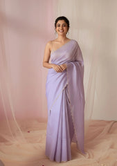 Lavanya Light Purple Soft Mulmul Cotton Saree with Gold Zari Stripes and Scalloped Border