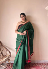 Vanya | Forest Green Handloom Cotton Saree with Sequin Accents