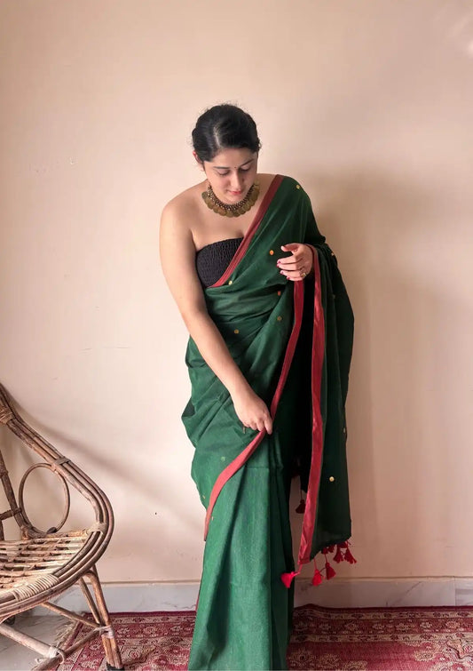 Vanya | Forest Green Handloom Cotton Saree with Sequin Accents