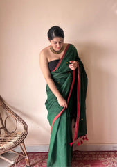 Vanya | Forest Green Handloom Cotton Saree with Sequin Accents