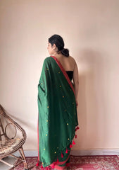 Vanya | Forest Green Handloom Cotton Saree with Sequin Accents