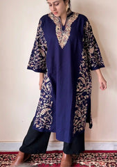 Mehru | Deep Purple Woollen Kashmiri Phiran with Floral Aari Embroidery