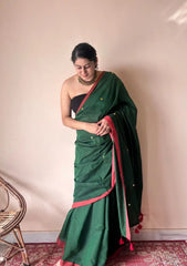 Vanya | Forest Green Handloom Cotton Saree with Sequin Accents