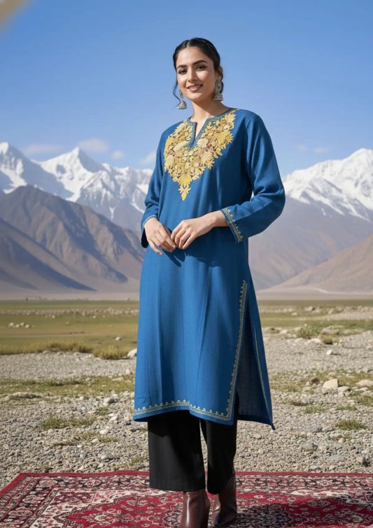 Pariza | Teal Blue Woollen Kashmiri Phiran with Floral Aari Embroidery