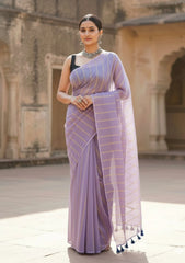 Ira  Light Purple Soft Mulmul Cotton Saree with Gold Zari Stripes and Tassels