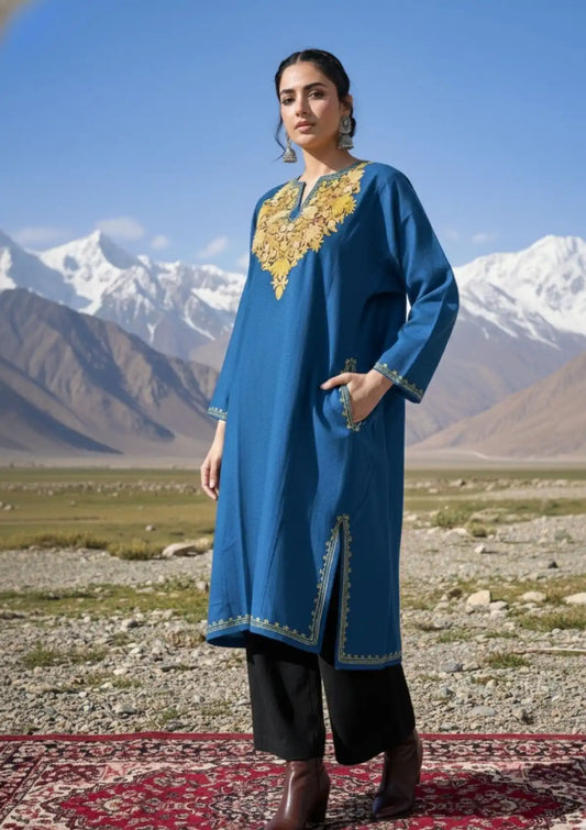 Pariza | Teal Blue Woollen Kashmiri Phiran with Floral Aari Embroidery