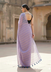 Ira  Light Purple Soft Mulmul Cotton Saree with Gold Zari Stripes and Tassels