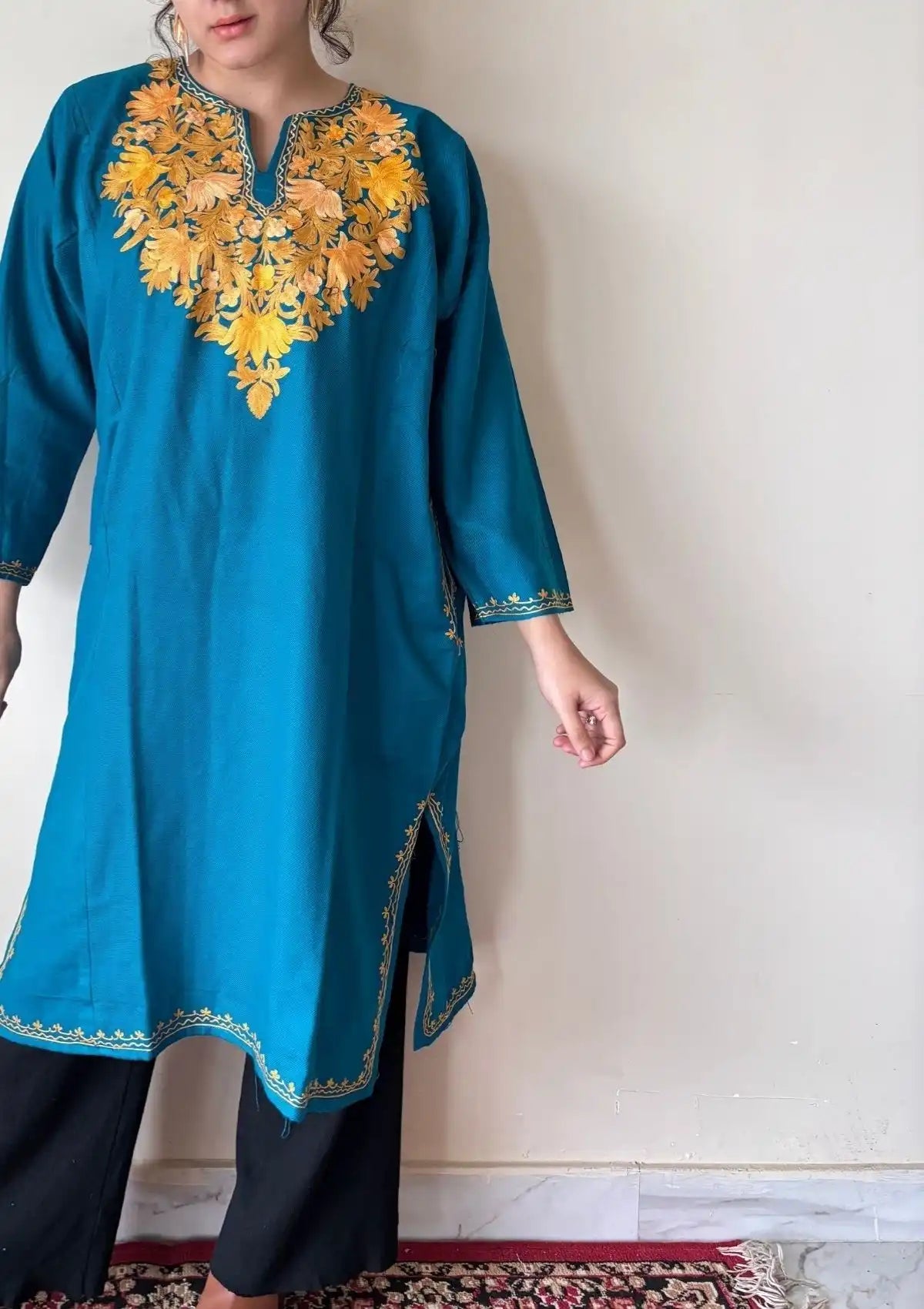 Pariza | Teal Blue Woollen Kashmiri Phiran with Floral Aari Embroidery