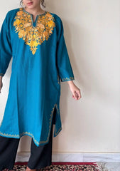 Pariza | Teal Blue Woollen Kashmiri Phiran with Floral Aari Embroidery