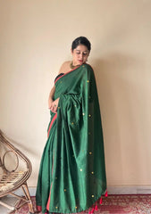 Vanya | Forest Green Handloom Cotton Saree with Sequin Accents