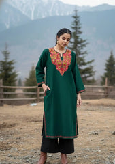 Noorza | Green Woolen Kashmiri Phiran with Floral Aari Embroidery