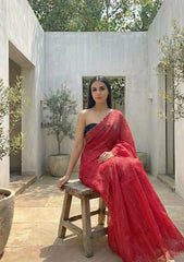 Aria  Red Soft Mulmul Cotton Saree with Gold Stripes and Scalloped Border