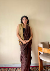 Yogini Brown and Beige Pure Cotton Saree with Tassels - Qatha 