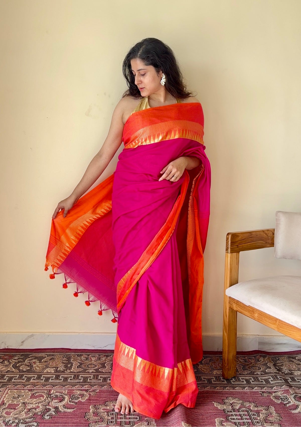 Tarangini Rani Pink Temple Border Handloom Pure Cotton Saree - Qatha 