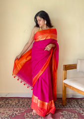Tarangini Rani Pink Temple Border Handloom Pure Cotton Saree - Qatha 
