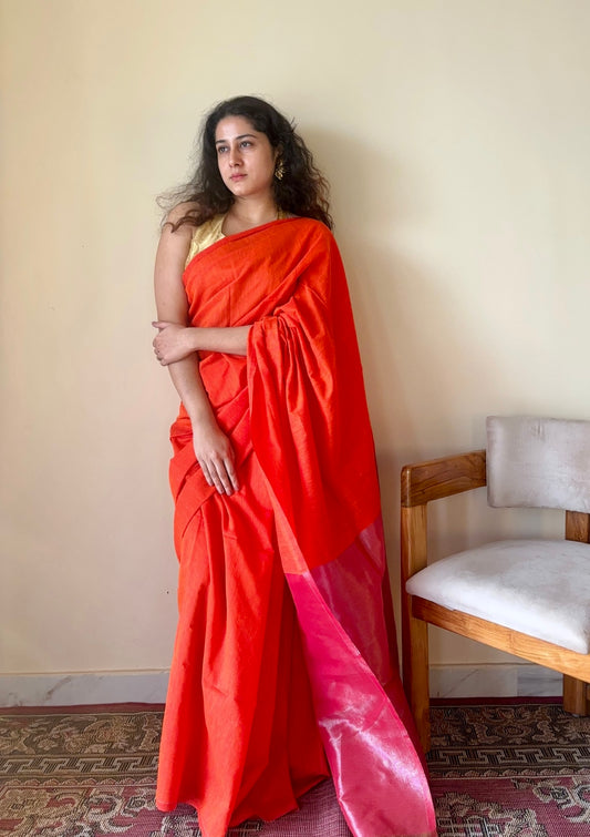 Sanjhvi Orange with Pink Tissue Pallu Pure Cotton Saree - Qatha