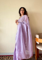 Lavanya Light Purple Soft Mulmul Cotton Saree with Gold Zari Stripes and Scalloped Border - Qatha 
