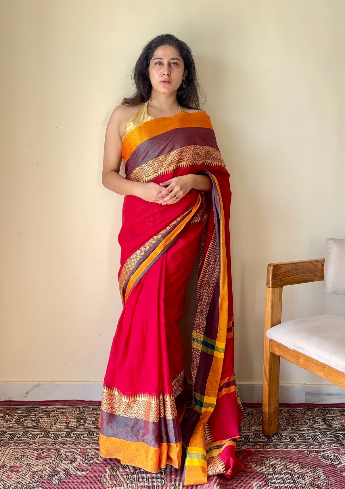 Rudhira Red Temple Border Handloom Pure Cotton Saree - Qatha 