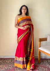Rudhira Red Temple Border Handloom Pure Cotton Saree - Qatha 