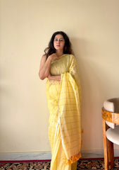 Harini Yellow Mulmul Cotton Gold Zari Striped Saree with Tassels - Qatha 