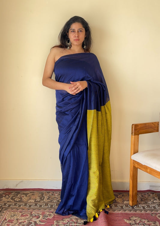 Neelaya Blue and Yellow Pallu Mul Cotton Saree with Tassels - Qatha