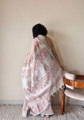 Manjiri Linen Cotton Bagru Handblock Printed Saree | White Pink