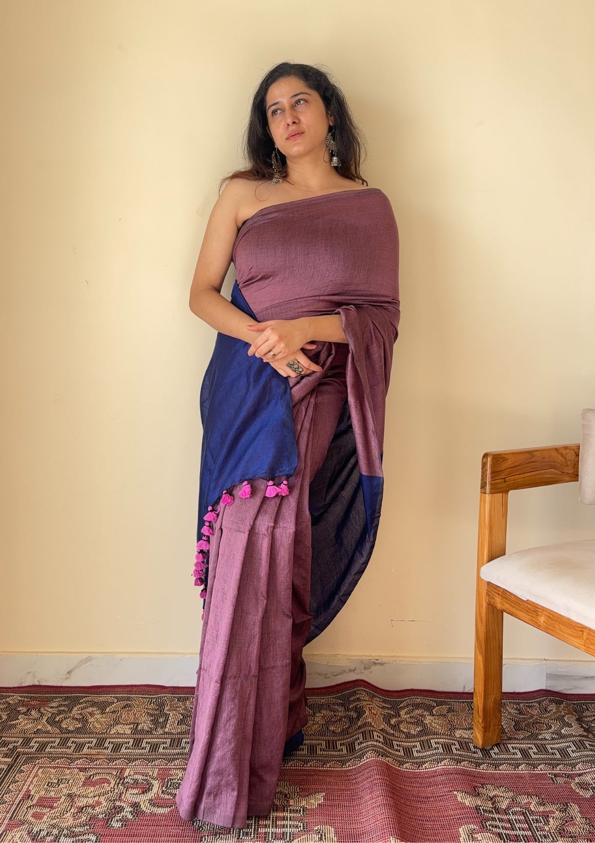 Chitrangada Jamuni with Blue Pallu Mul Cotton Saree with Tassels - Qatha 