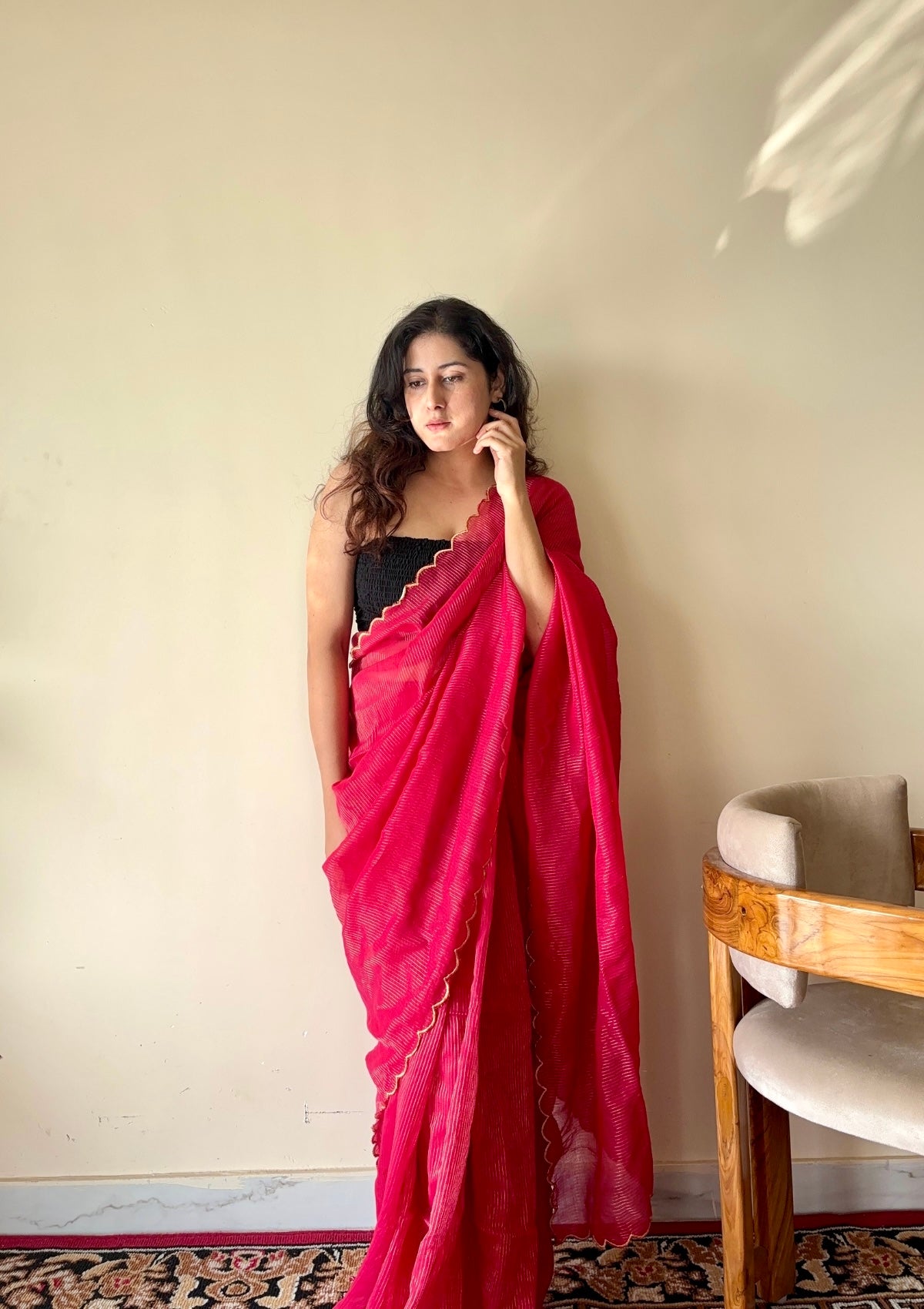 Aria  Red Soft Mulmul Cotton Saree with Gold Stripes and Scalloped Border - Qatha 