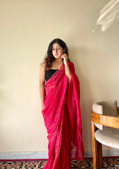 Aria  Red Soft Mulmul Cotton Saree with Gold Stripes and Scalloped Border - Qatha 
