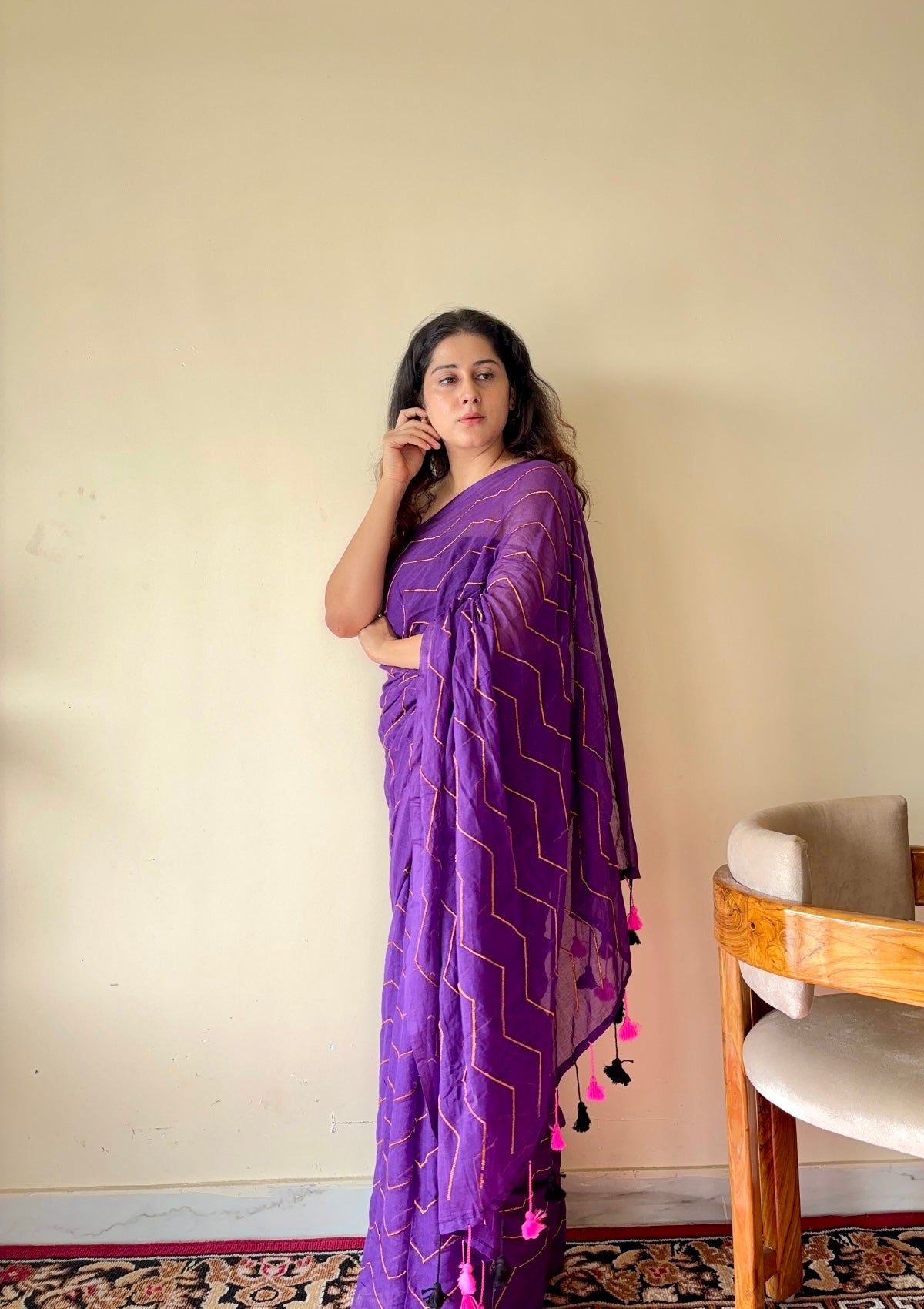 Indrani Deep Purple Cotton Mulmul Saree with Gold Stripes and Tassels - Qatha 